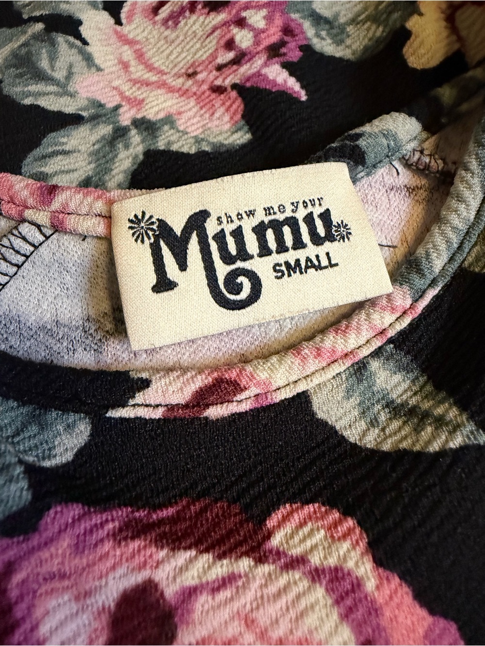 Show Me Your Mumu Floral Swing Dress Small Black Pink Roses Long Sleeve Boho - Picture 2 of 4